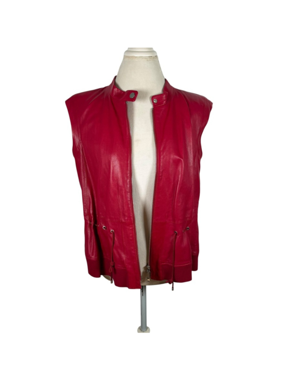 Worth New York Red Leather Moto Vest High Neck Cinch Waist Zip Front Size 12 - Picture 2 of 14